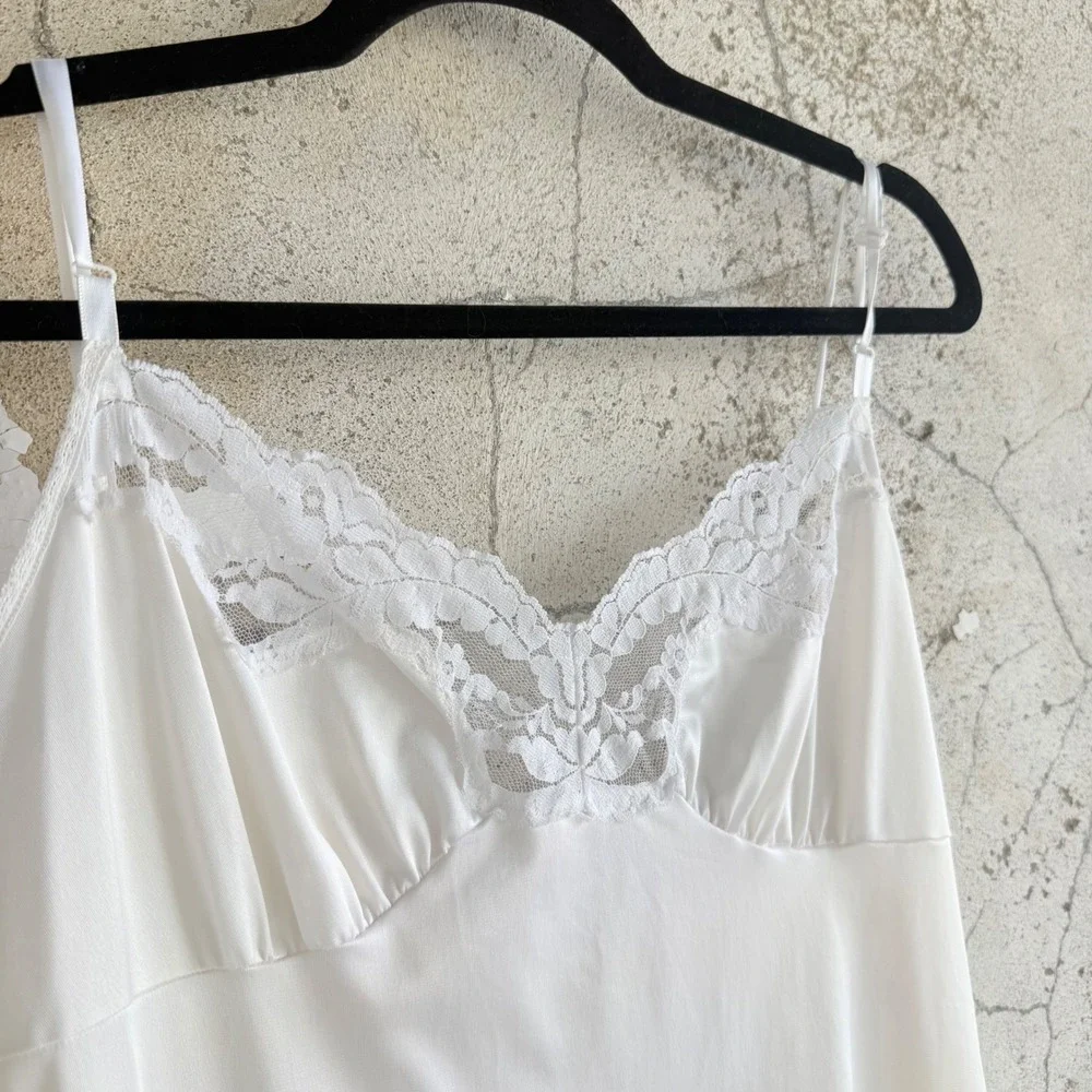 Vtg 90s Slip Dress Chemise Nightgown White Lace Bridal Vassarette‎ Made in USA L
